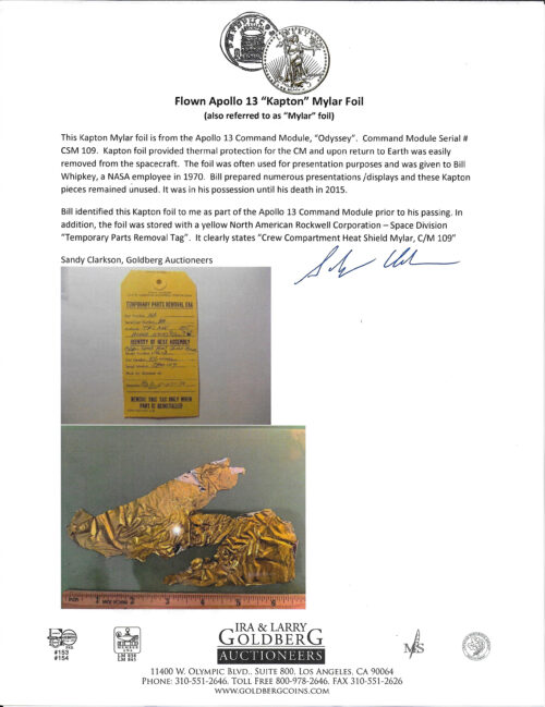 Apollo 13 Flown Kapton Foil Large Piece 4.25 x 2.25 Inches #GA3-B - Image 4