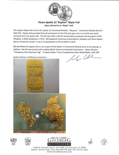 Apollo 13 Flown Kapton Foil Large Piece 3.25 x 1.75 Inches #GA4-A - Image 4
