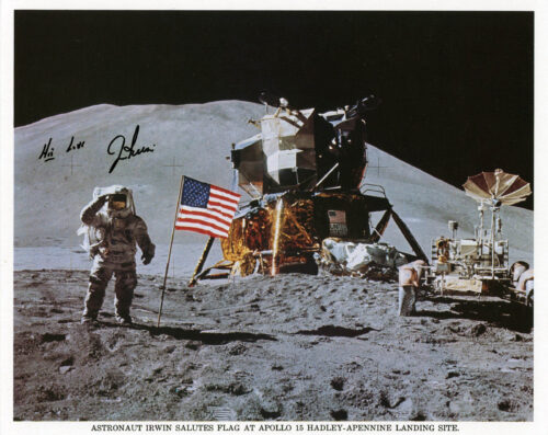 Apollo 15 Moonwalker Jim Irwin Signed Lithograph Saluting Flag on Moon Rare