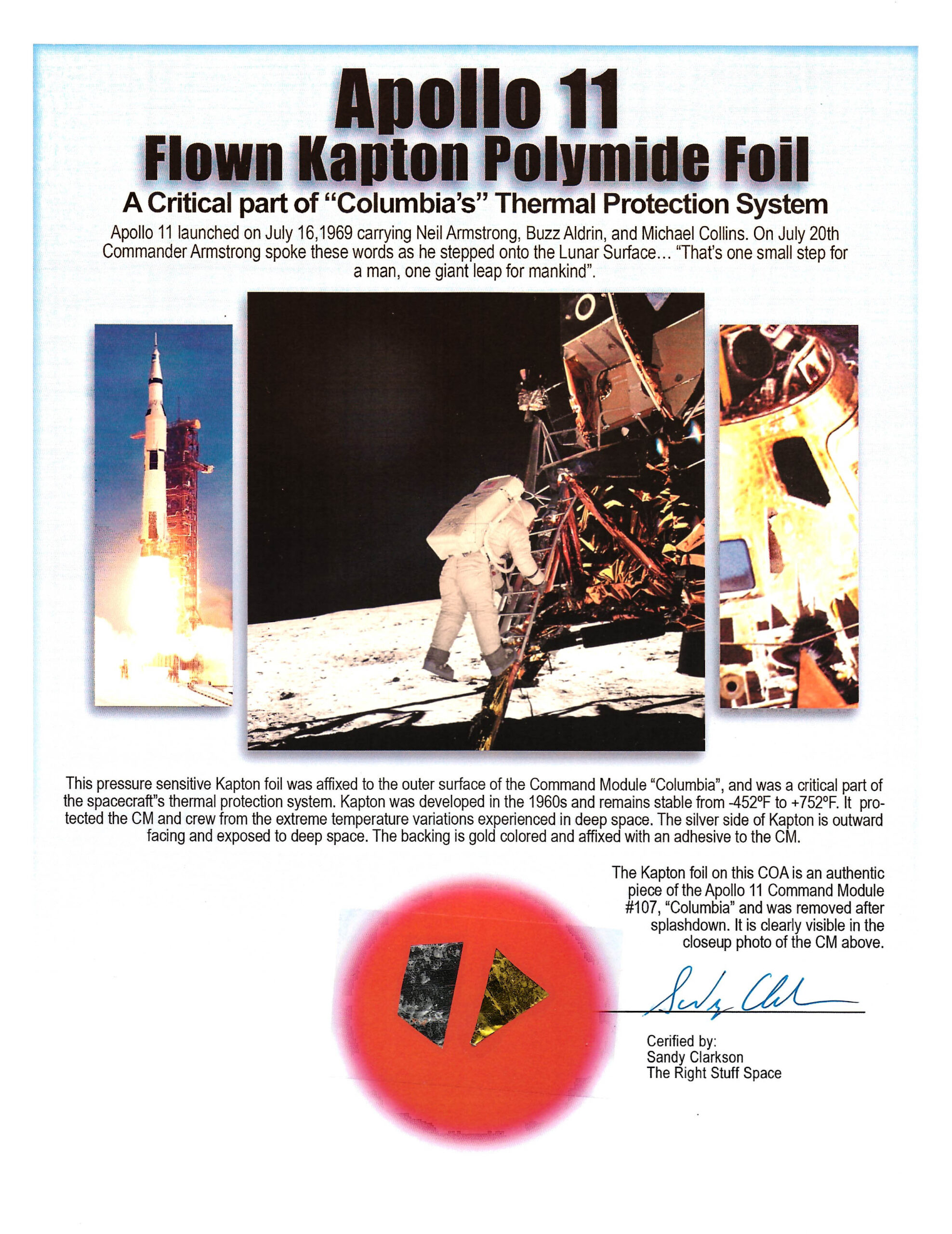 Apollo 11 Flown Kapton Foil Pieces on Right Stuff Presentation