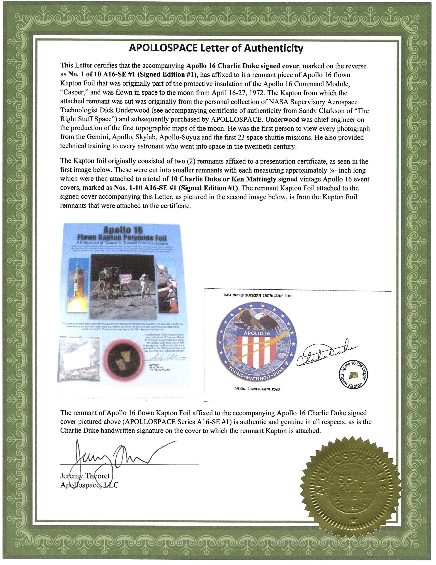 Apollo 16 Charlie Duke Signed Flown Kapton Foil Cover SE1 #1/10 - Image 3