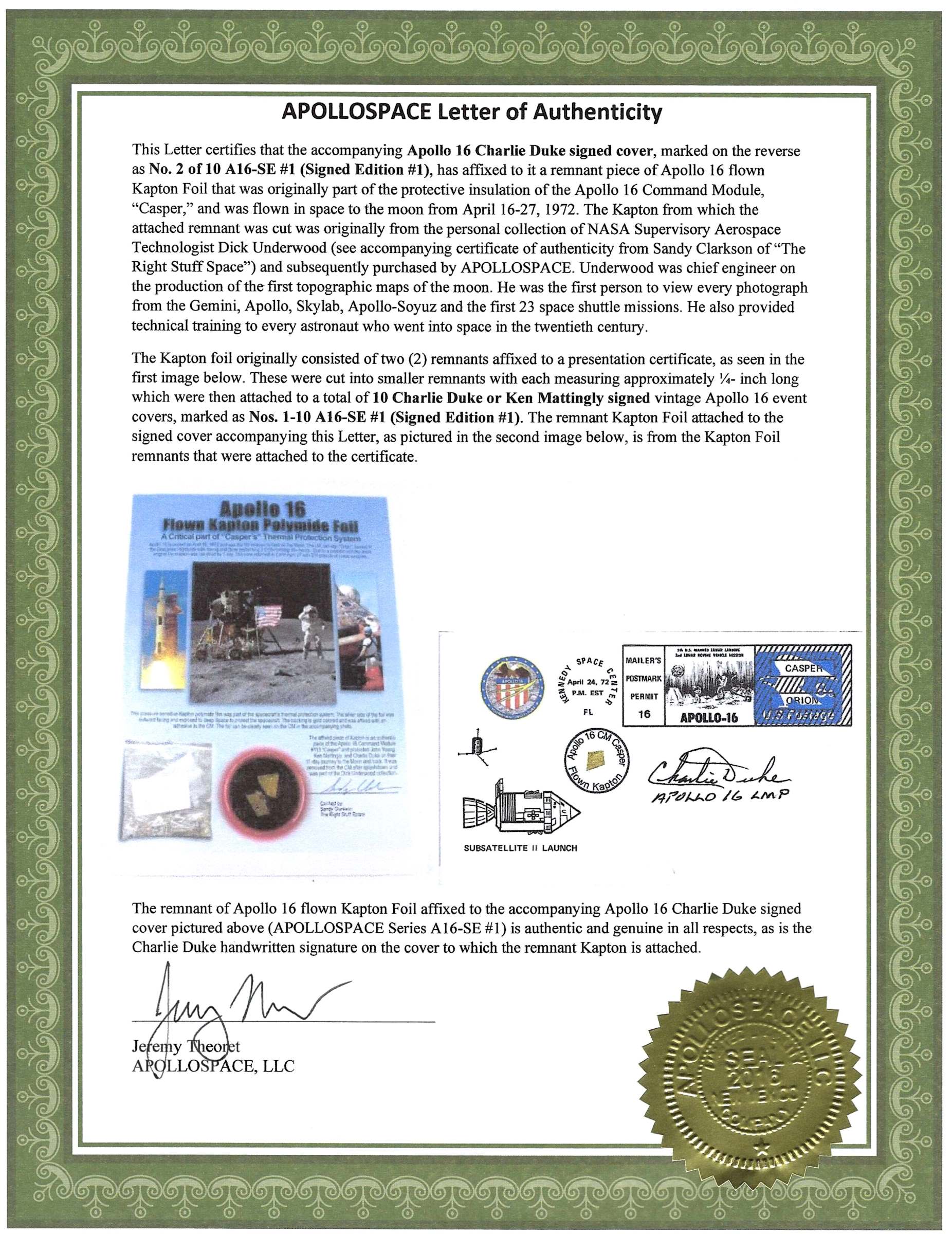 Apollo 16 Charlie Duke Signed Flown Kapton Foil Cover SE1 #2/10 - Image 3