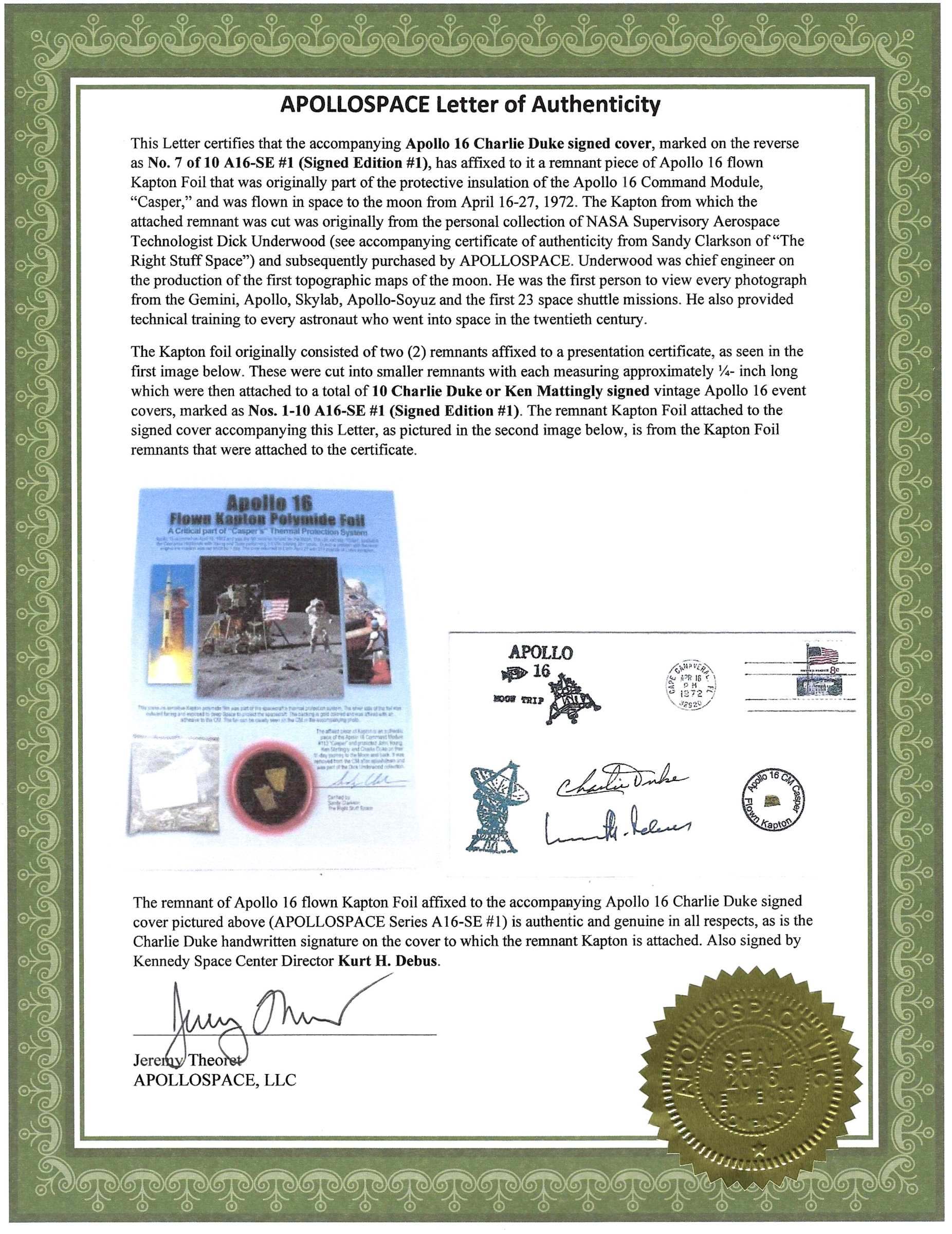 Apollo 16 Charlie Duke & Kurt Debus Signed Flown Kapton Foil Cover SE1 #7/10 - Image 3