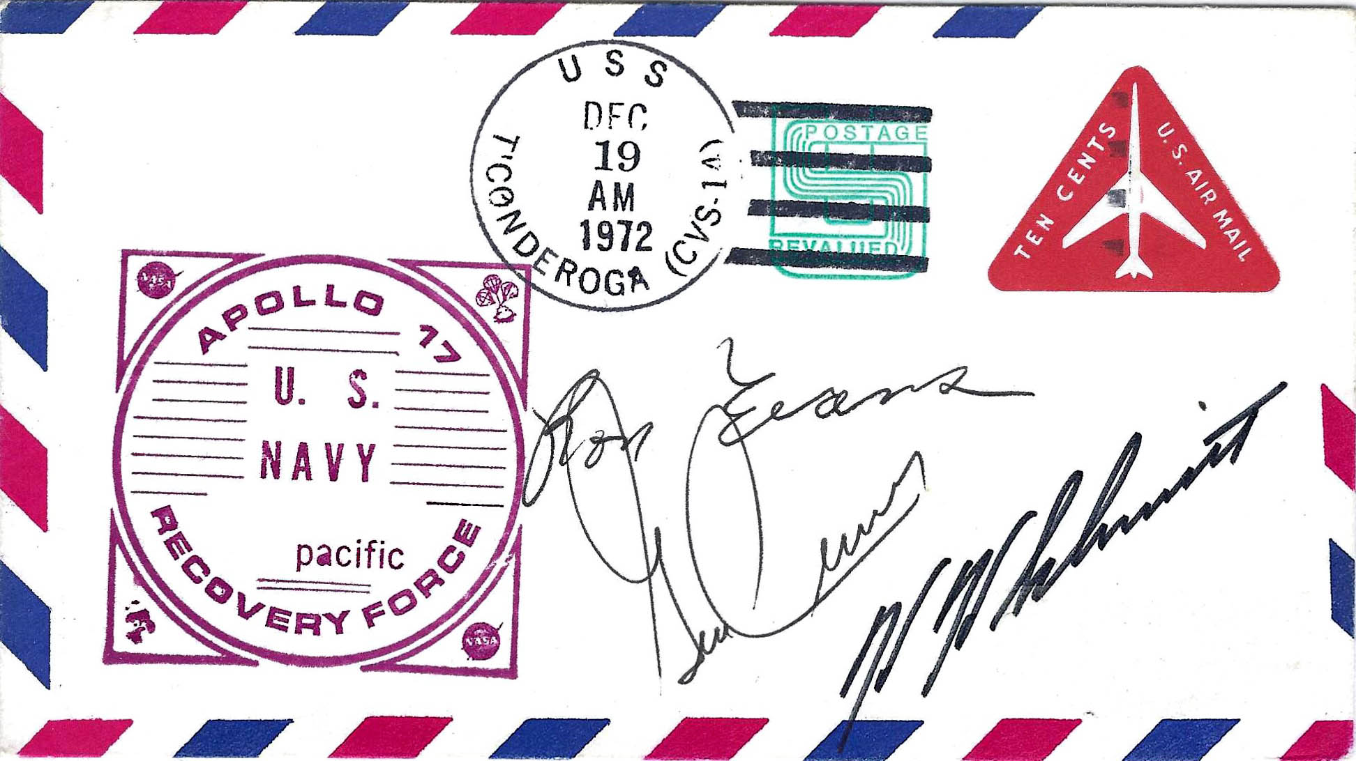 Apollo 17 Crew Gene Cernan Harrison Schmitt & Ron Evans Signed Ticonderoga Recovery Ship Cover
